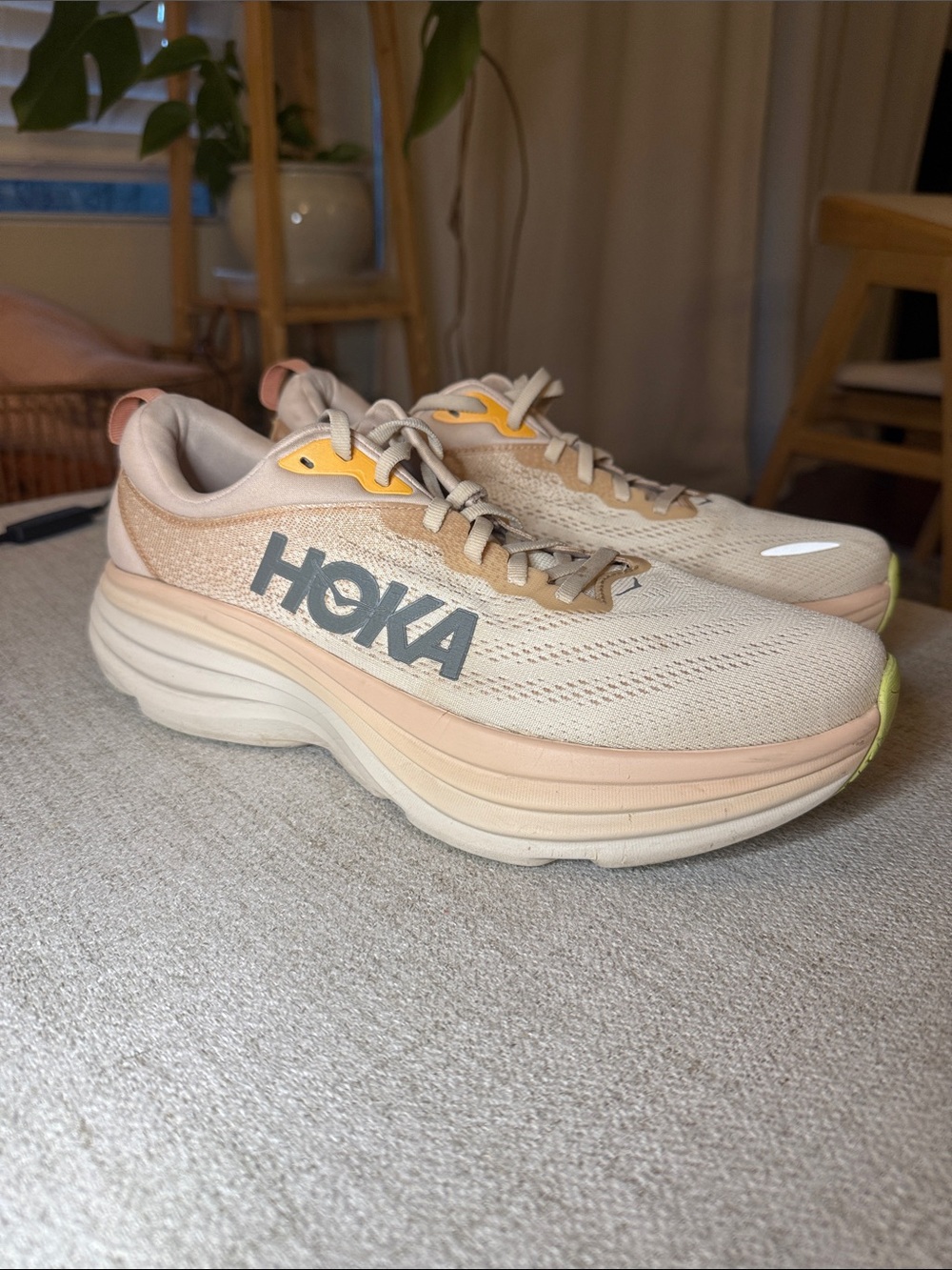 Hoka Bondi 8 Running Shoes - Cream, Peach & Yellow Accents